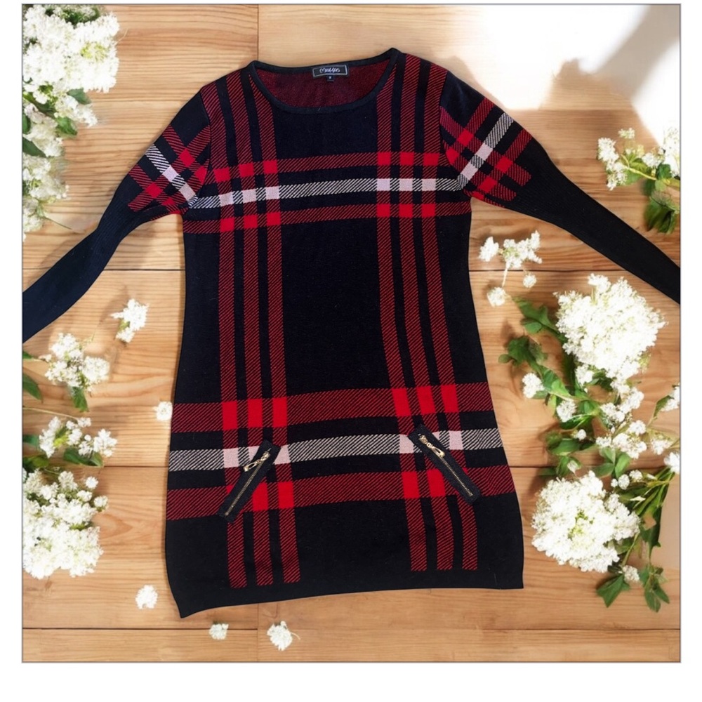 MINKAS UK Plaid Res/Black Sweater Dress- Wool/Tencel- So soft and cozy EUC Sz M